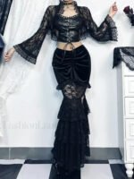 Gothic Folding Fishtail Velvet Skirt with Lace Patchwork - Image 9
