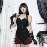Gothic Summer 2024 Plaid Patchwork Shorts with Halter Waist-Cinch - Image 14