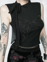 Gothic Vintage Sexy Butterfly Embroidered Lace Crop Top - Image 2