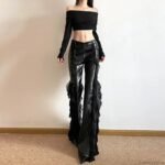 Gothic Zip Women Casual Flare Pants Faux PU Mesh Pants - Image 4