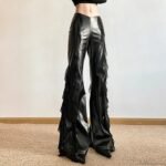 Gothic Zip Women Casual Flare Pants Faux PU Mesh Pants - Image 2