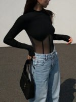 Sheer Mesh Combination Long Sleeve Top - Image 2