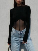 Sheer Mesh Combination Long Sleeve Top - Image 20